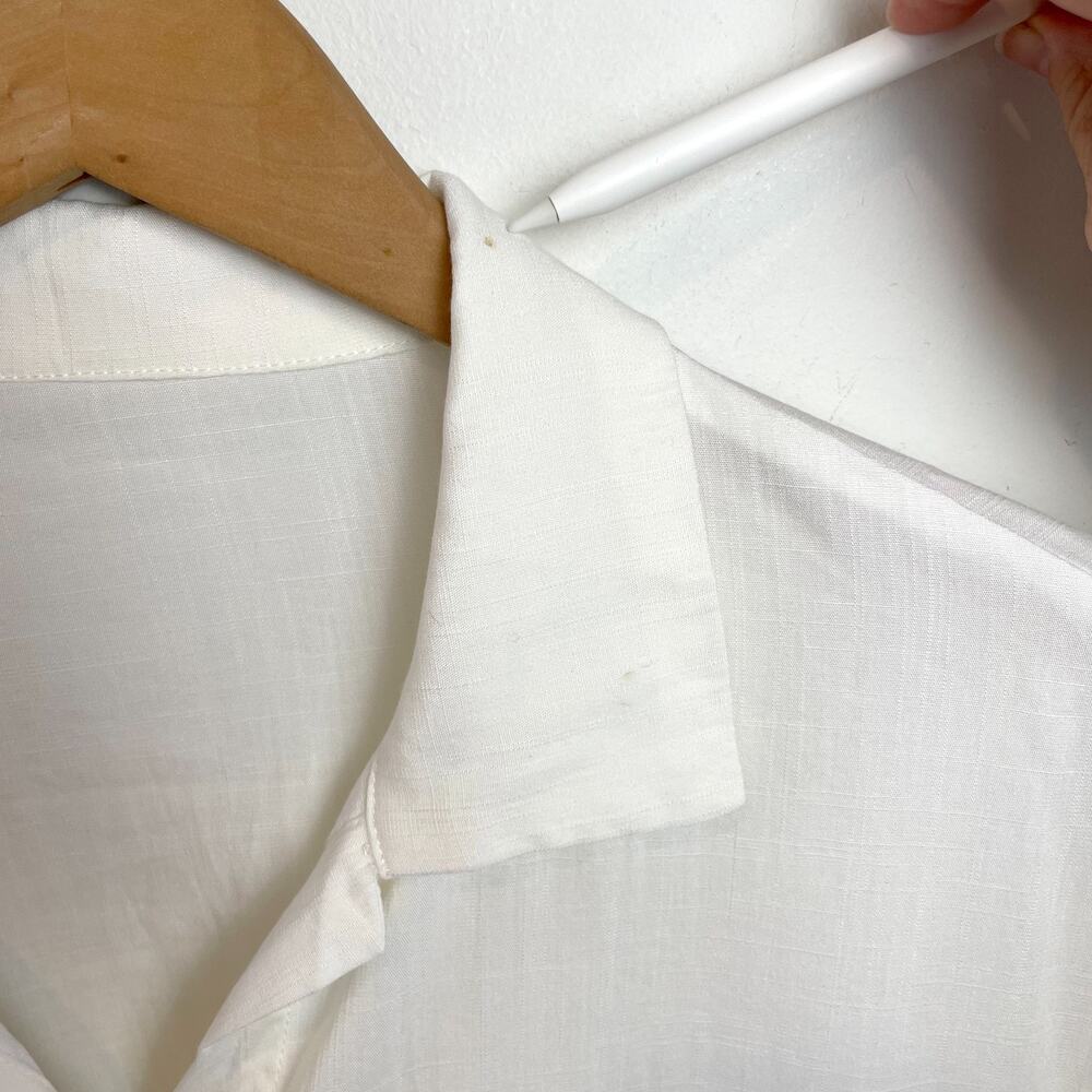 White Rayon Button Up Shirt Open Stitch Crochet Lace Boho Minimalist Flowy Boxy - Picture 4 of 7